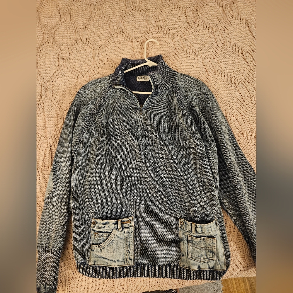 Womens Vintage Blue Sweater with Denim Accents‎